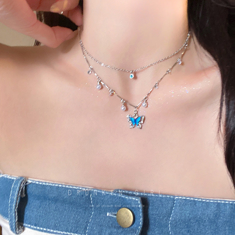 Summer Navy Blue Pearl Butterfly Female Necklace