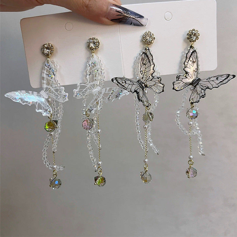 Exaggerated Butterfly Pearl Tassel Long Niche Temperament Earrings