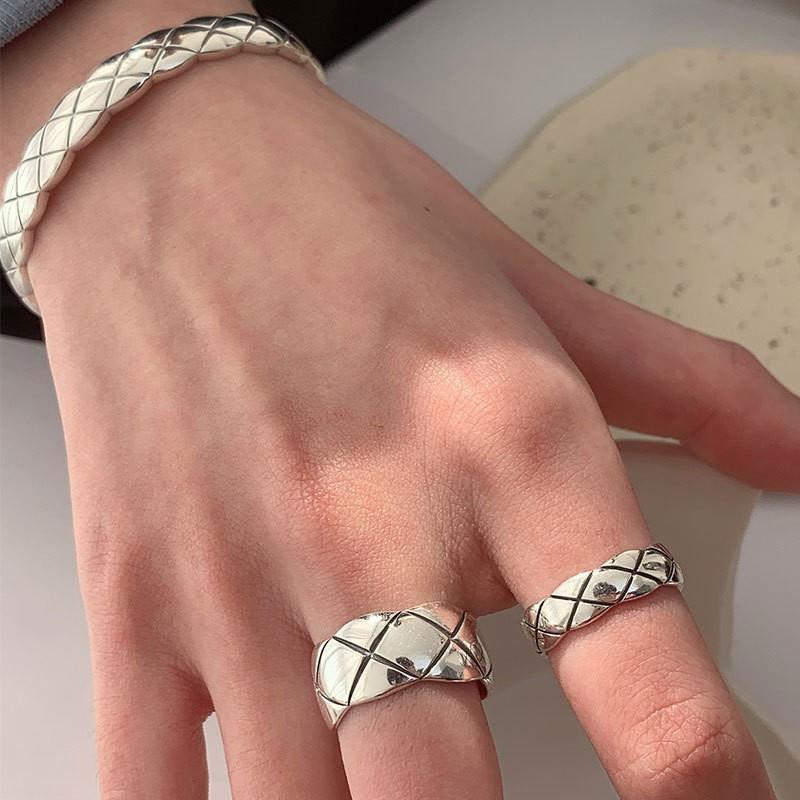 Sier Thick Thin Diamond Plaid Open Female Light Luxury Minority Ring