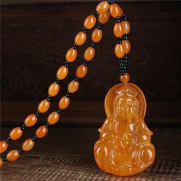 Women's Buddha Carved Smiling Long Sweater Chain Yellow Necklace