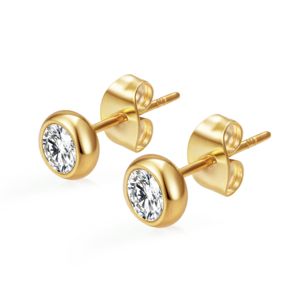 Women's Round Stainless Steel Zircon Trendy Versatile Real Gold Stud Earrings