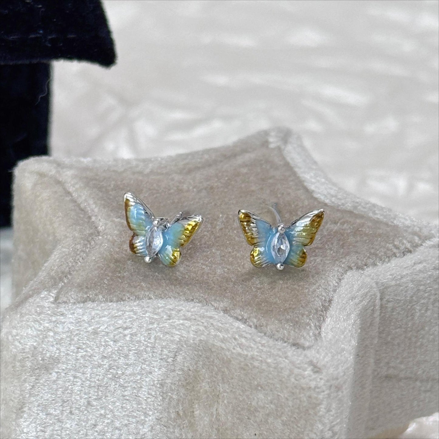Blue Dripping Oil Butterfly Artistic Retro Style Sier Pin Earrings