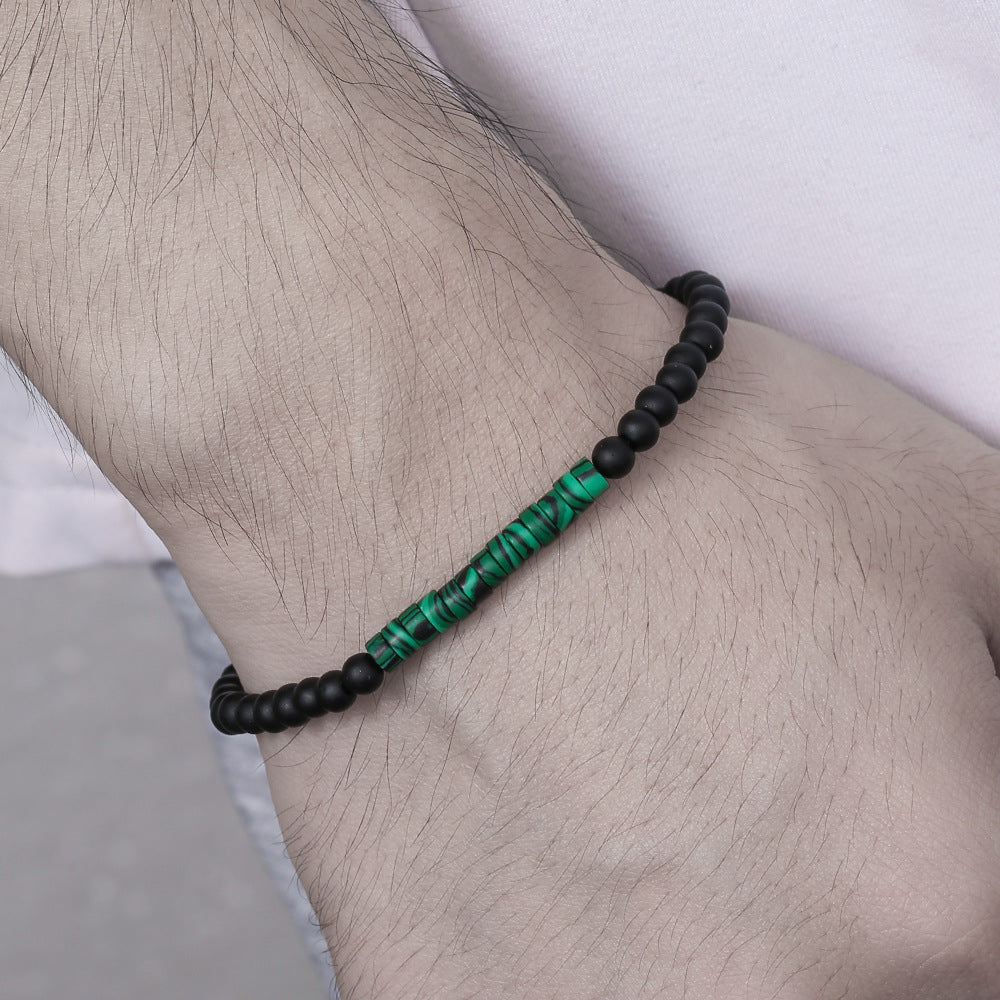 Men's Turquoise Stone Wafer Stitching Extremely Fine Black Frosted Beaded Artistic Rings