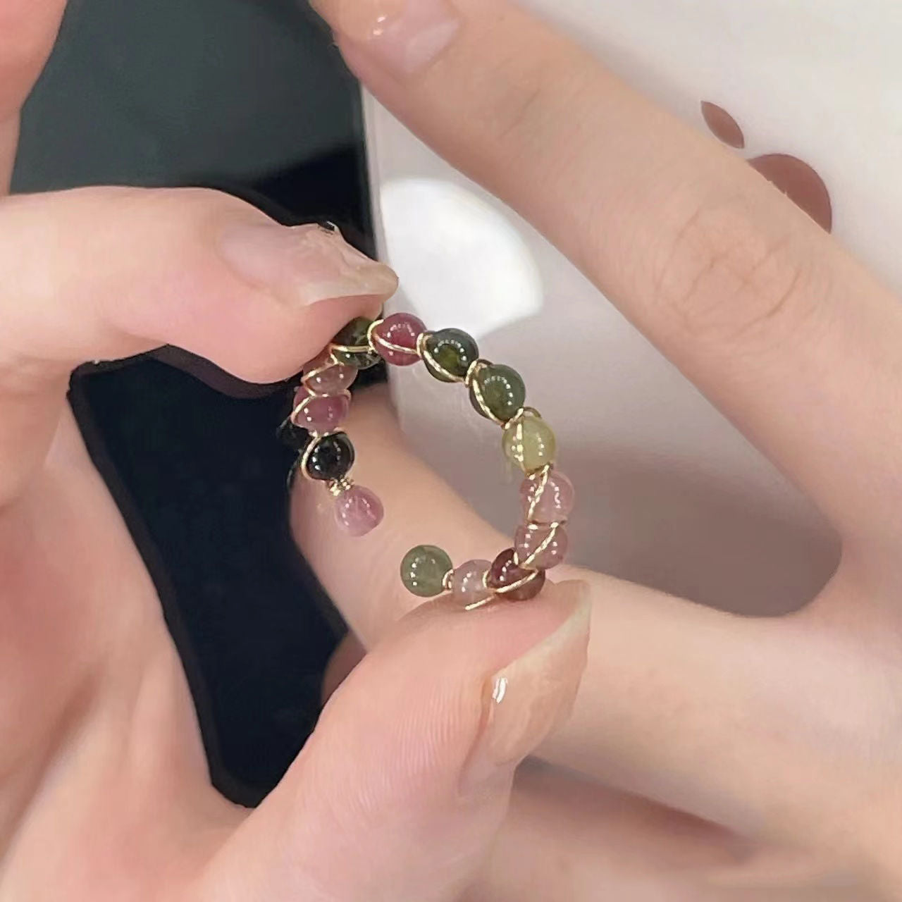 Rainbow Tourmaline Fashion Beaded Female Niche High Ring