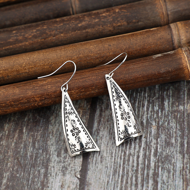Women's Bohemian Retro Triangle Sier Ethnic Style Carved Niche Design Earrings