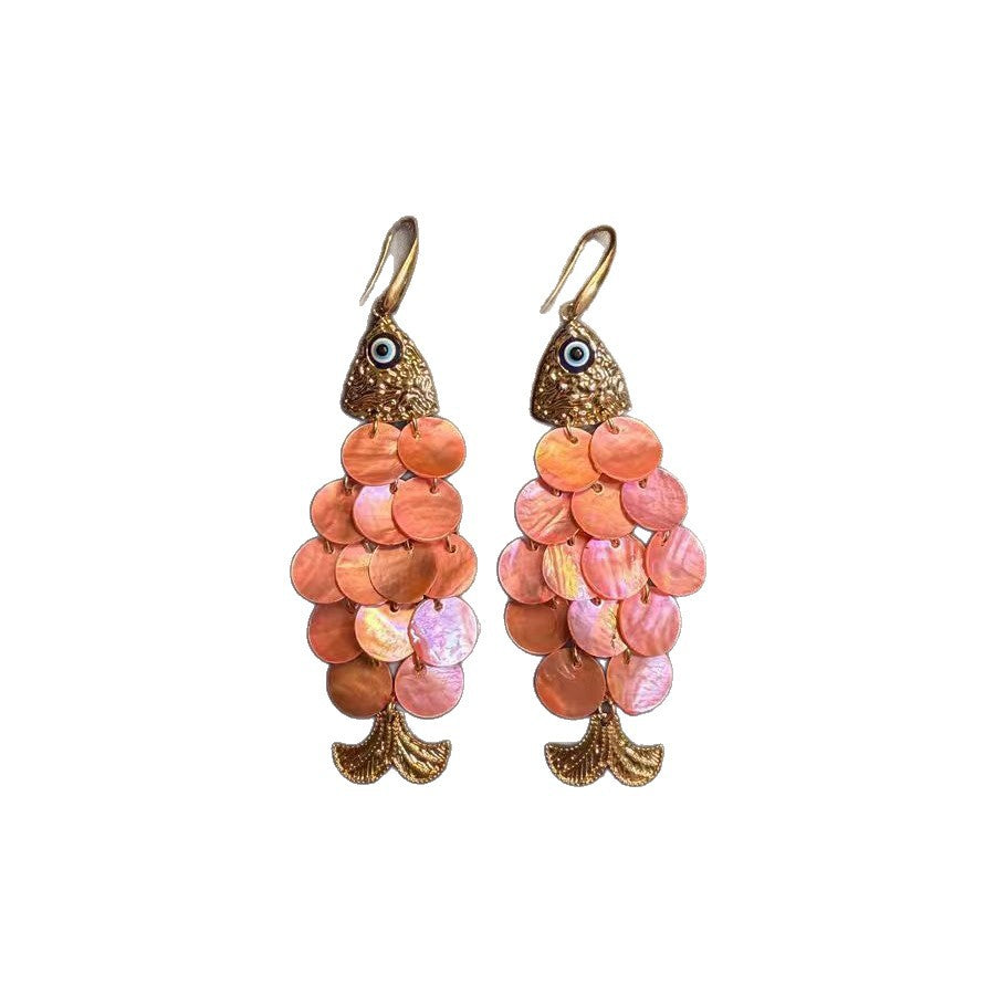 Women's Ancient Gold Pink Shell Small Fish Ear Hook Antique Unique Rings