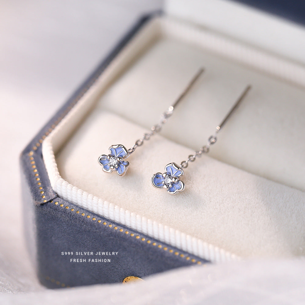 Women's Epoxy Blue Fresh Iris Flower Sterling Sier Korean Fashion Zircon Ear Line