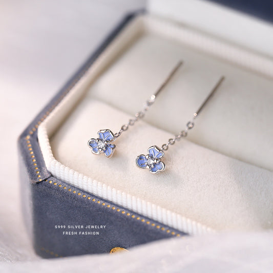 Women's Epoxy Blue Fresh Iris Flower Sterling Sier Korean Fashion Zircon Ear Line