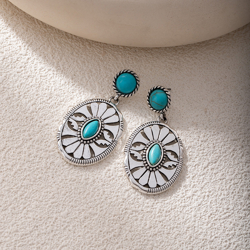 Vintage Ethnic Style Turquoise Flower Alloy Earrings