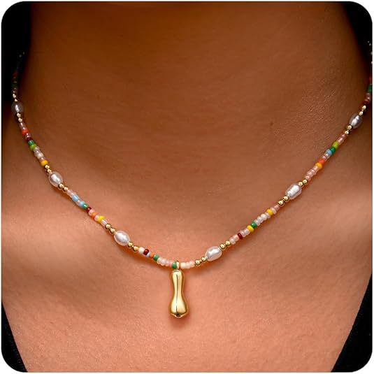 Best-selling Bubble Gold English Letter Color Small Beads Pearl Necklace