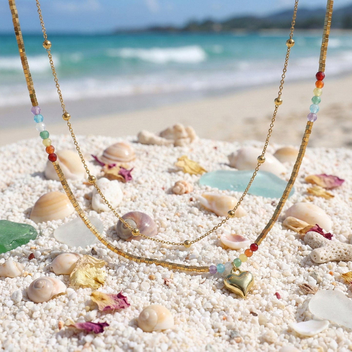 Beaded Double Layer Twin Vacation Style Metal Chain Love Necklaces