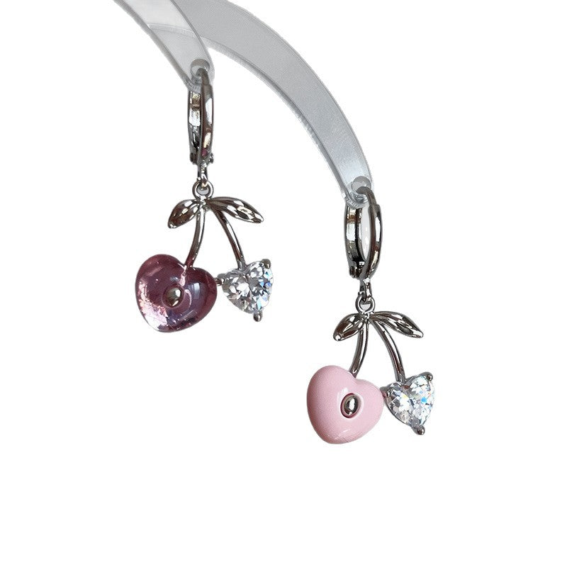 Elegant Pink Cherry Love Heart Sweet Cute Sier Light Luxury Earrings