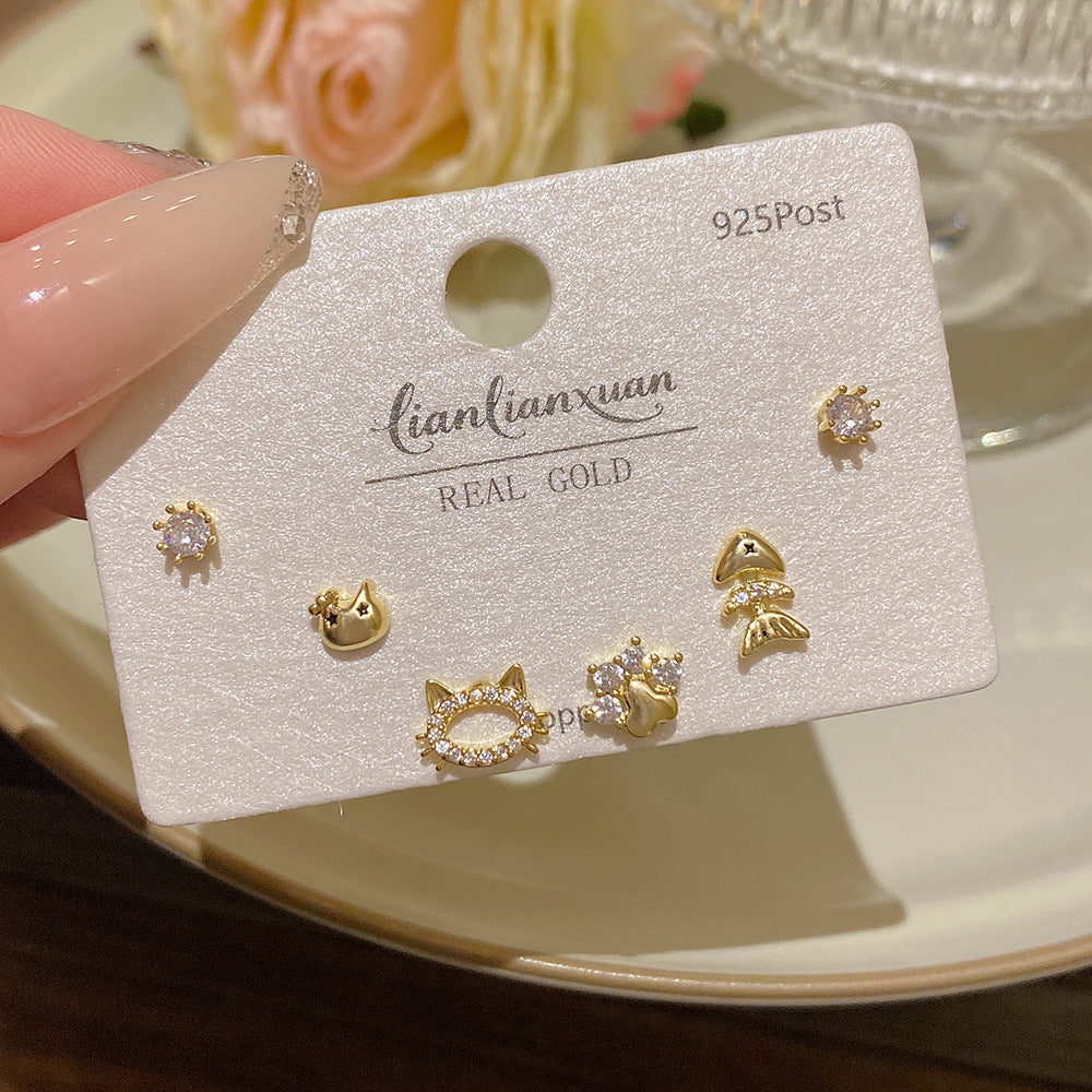 Women's Needle One Card Three Pairs Earings Small Delicate Summer High-grade Stud Earrings