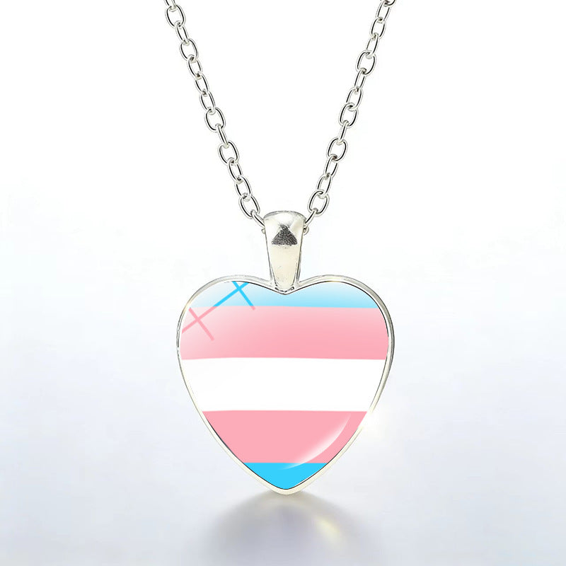 Multicolor Peach Heart Rainbow Pattern Time Gem Cabochon Necklaces