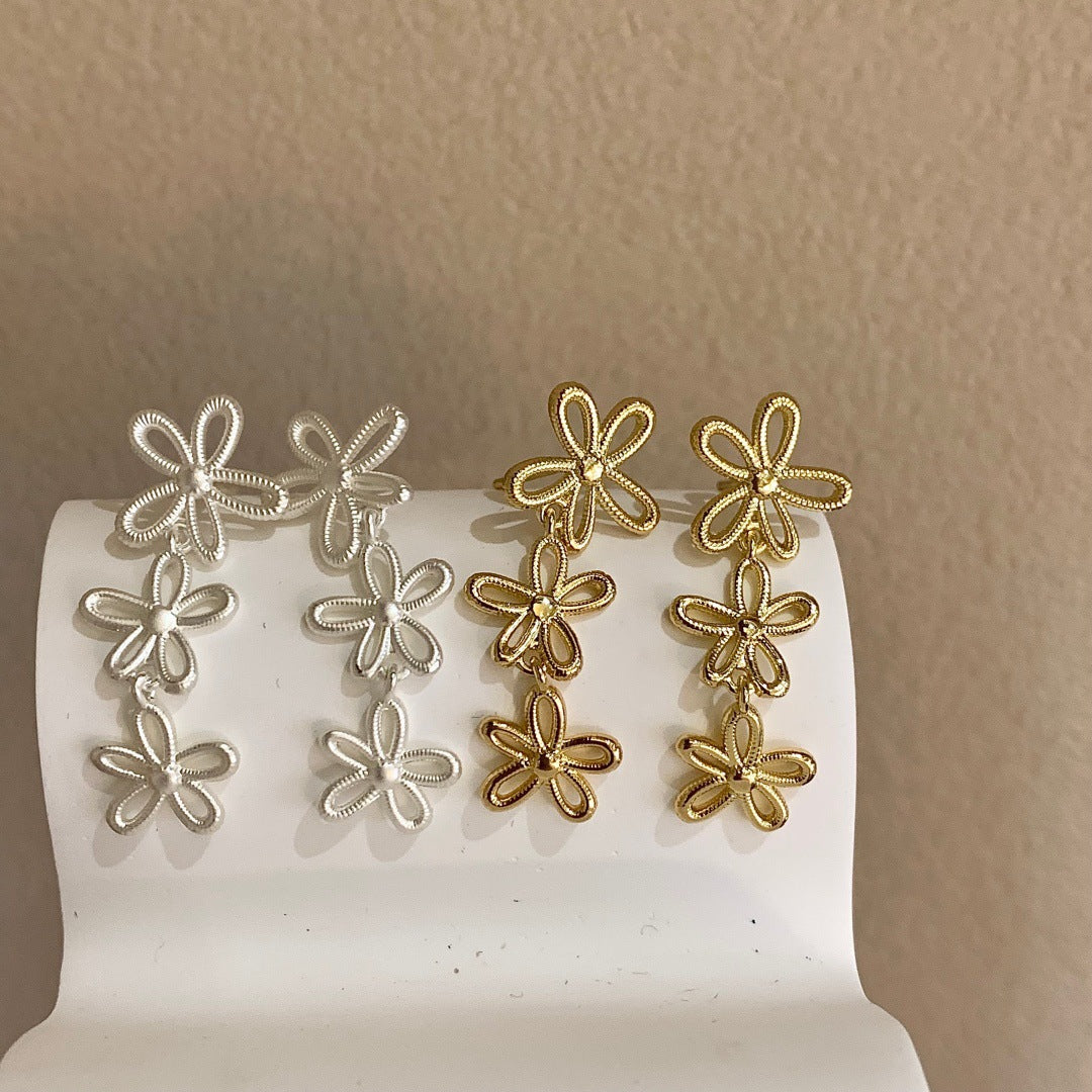 Long Tassel Hollow Flower Temperamental Minority Personality Gentle Temperament Sier Stud Earrings