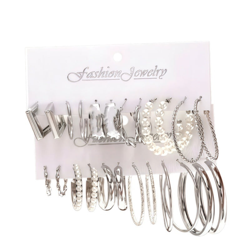 Geometric Square Imitation Pearl Ear Pairs Rings
