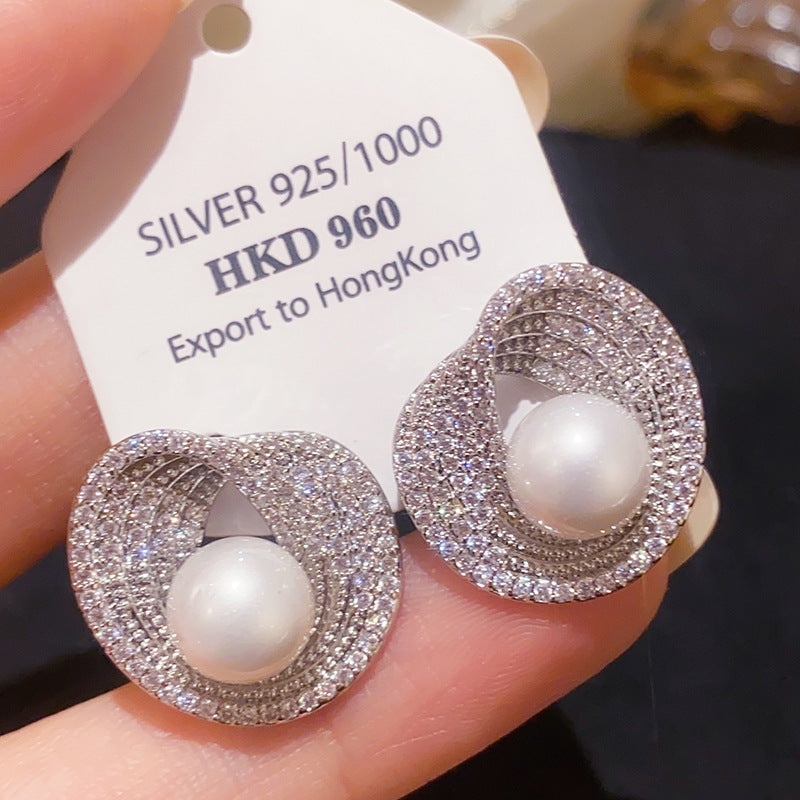 Sier Needle Zircon Irregular Round Pearl Light Luxury High-grade Refined Earrings
