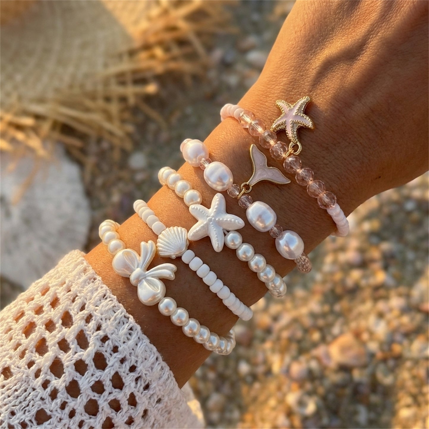 Style Starfish Shell Pearl Vacation Turtle Fishtail Beaded Bracelet