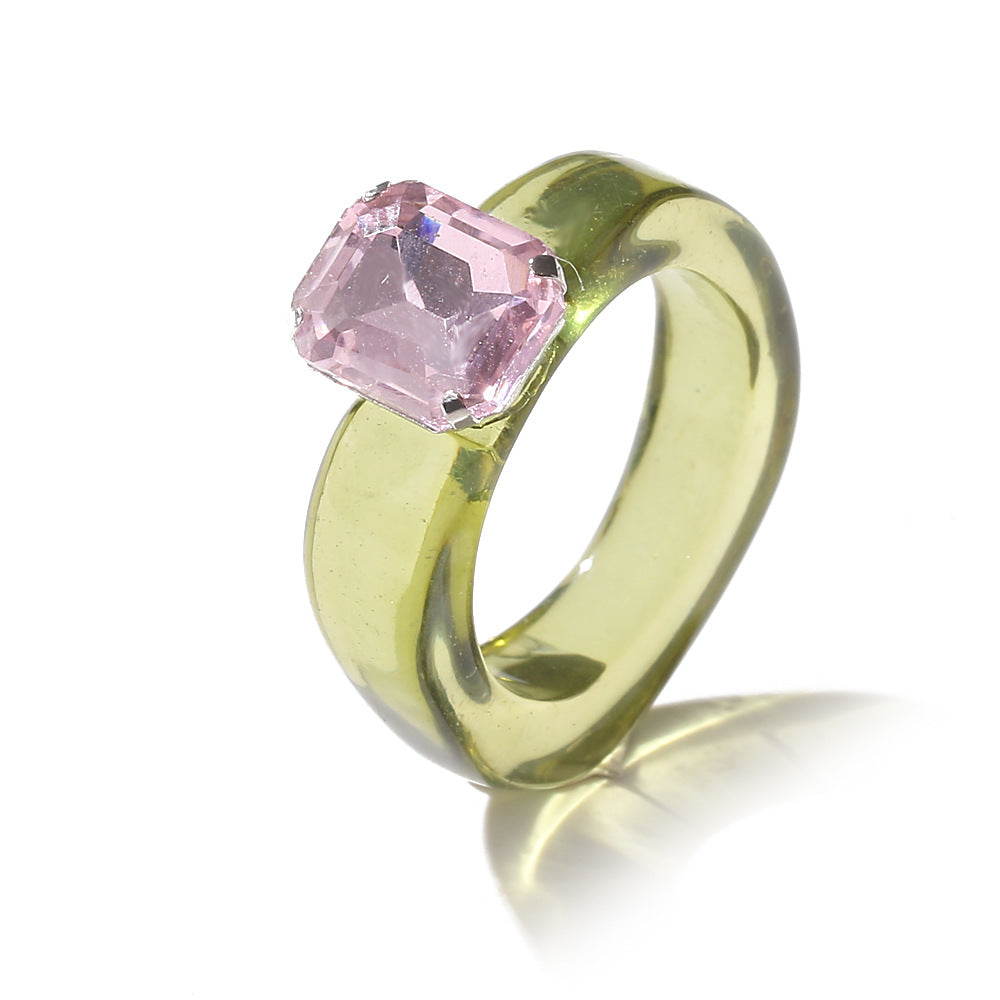 Colorful Transparent Resin Simple Inlaid Jewel Princess Pink Gem Rings