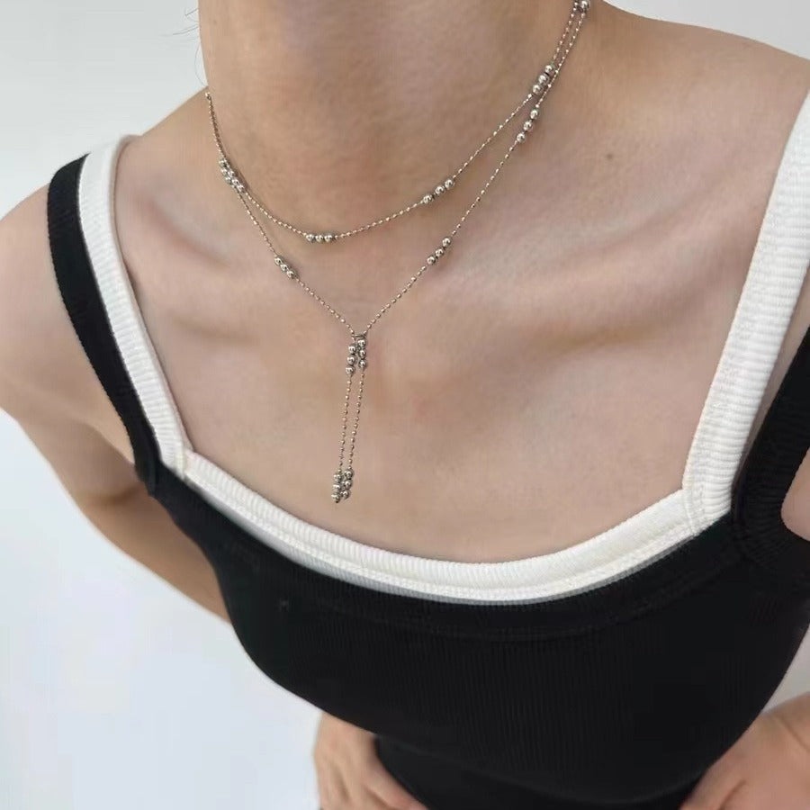 Sier Simple Sliver Beads Tassel Double Layer Spacer Necklace