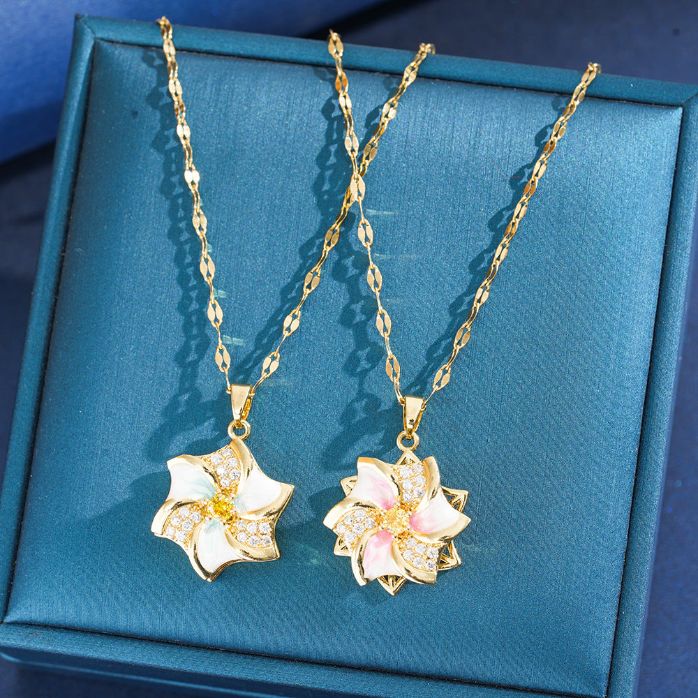 Women's Steel White Zircon Windmill Good Luck Comes Fashion Clavicle Necklace