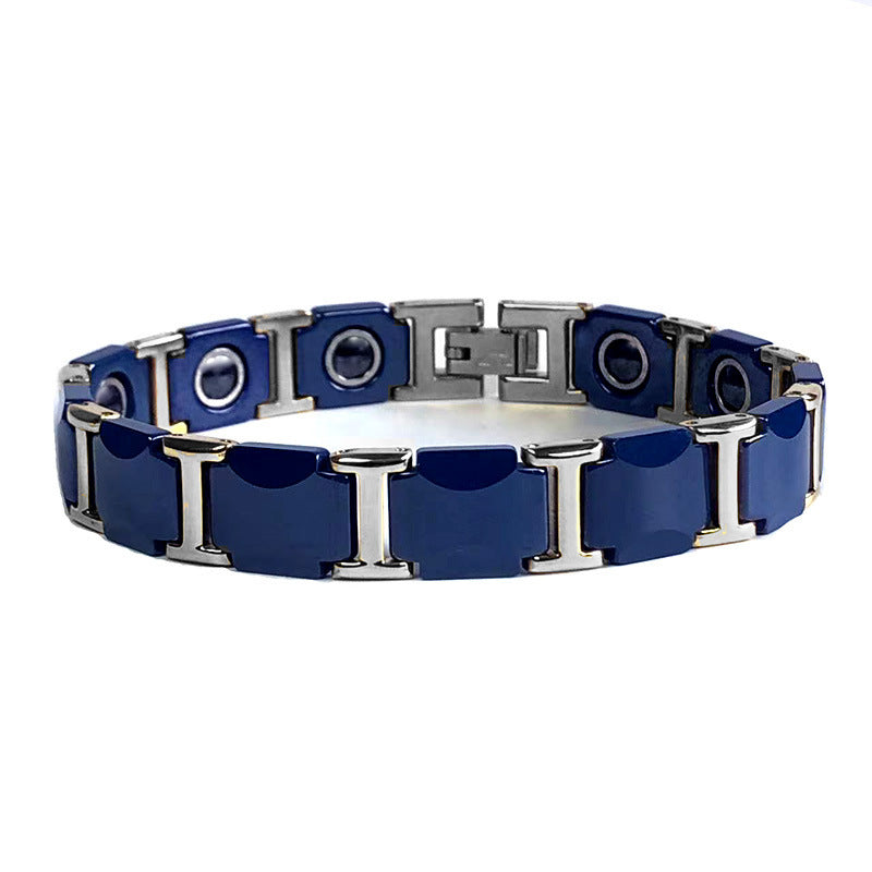 Men's Steel With Blue Black Crescent Ceramic Magnetic Golden Bracelets