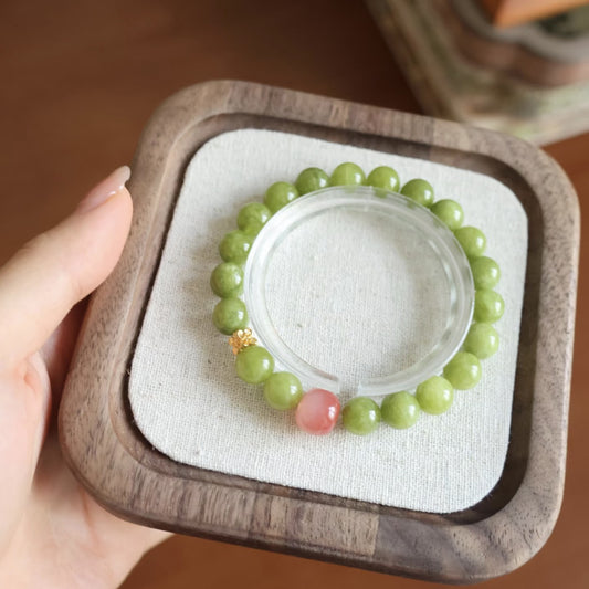 Green Olive Stone With White Crystal Pink Beaded Chinese Style Bracelet