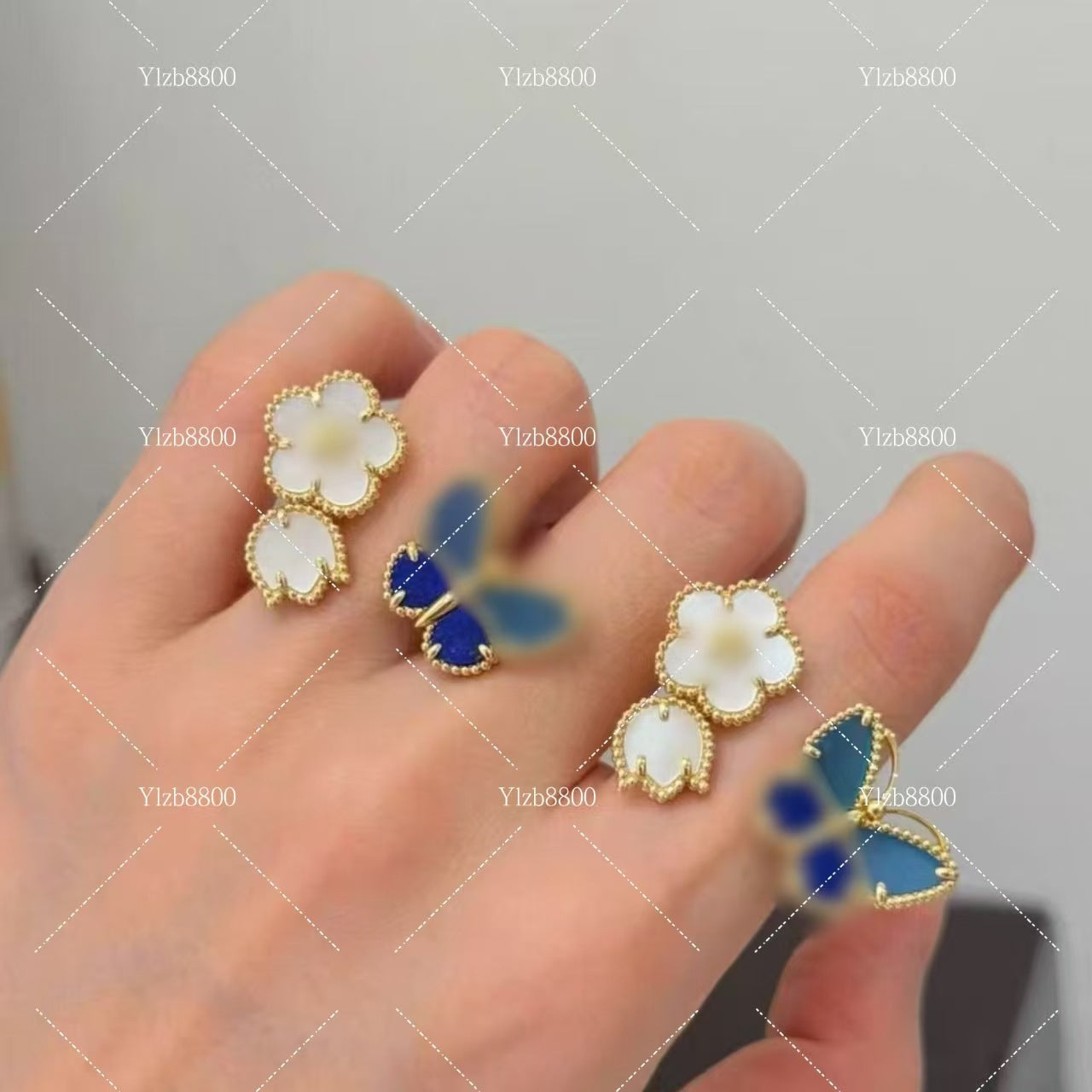 Women's Agate Lapis Lazuli Butterfly Leaf Clover V Gold High Version Rings