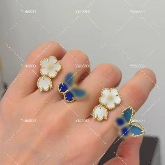 Women's Agate Lapis Lazuli Butterfly Leaf Clover V Gold High Version Rings