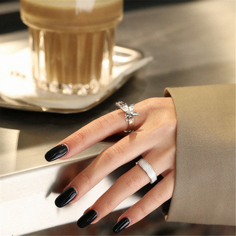 White Epoxy Open Female Tide Wave Concave Metal Rings