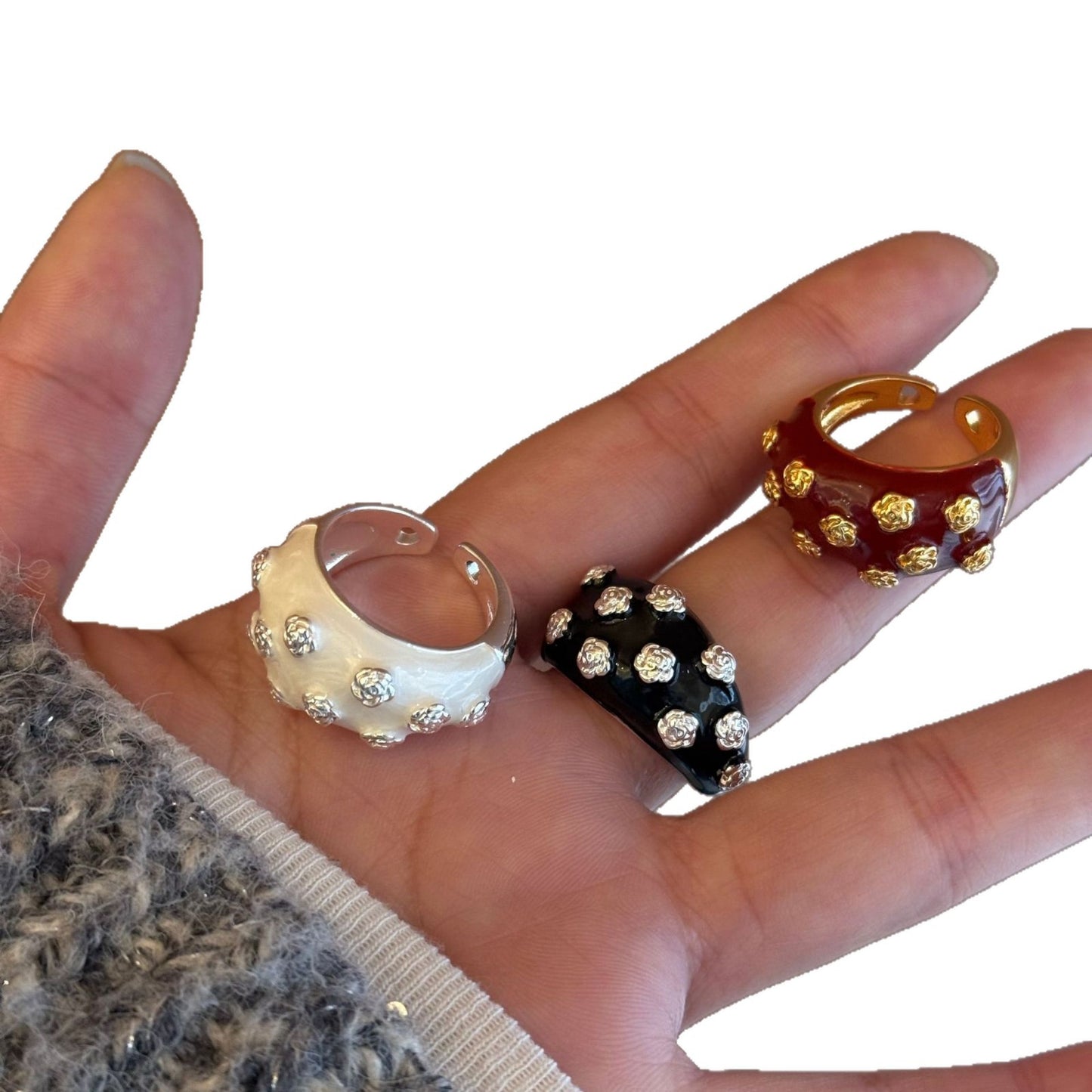 Gold Electroplating Dripping Camellia Open Fashion Index Rings