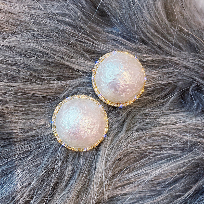 Crack Tide Sponge Pearl Sand Button Big Ear Stud Earrings