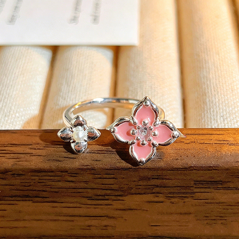 Cherry Blossoms Colorful Enamel Open Gentle Sweet Niche Flower Rings