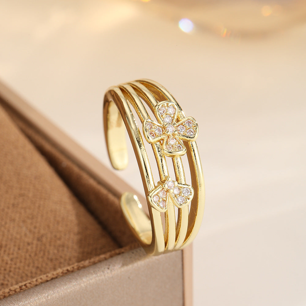 Women's Light Luxury Clover Open Copper Inlaid Zircon Niche Design Ring
