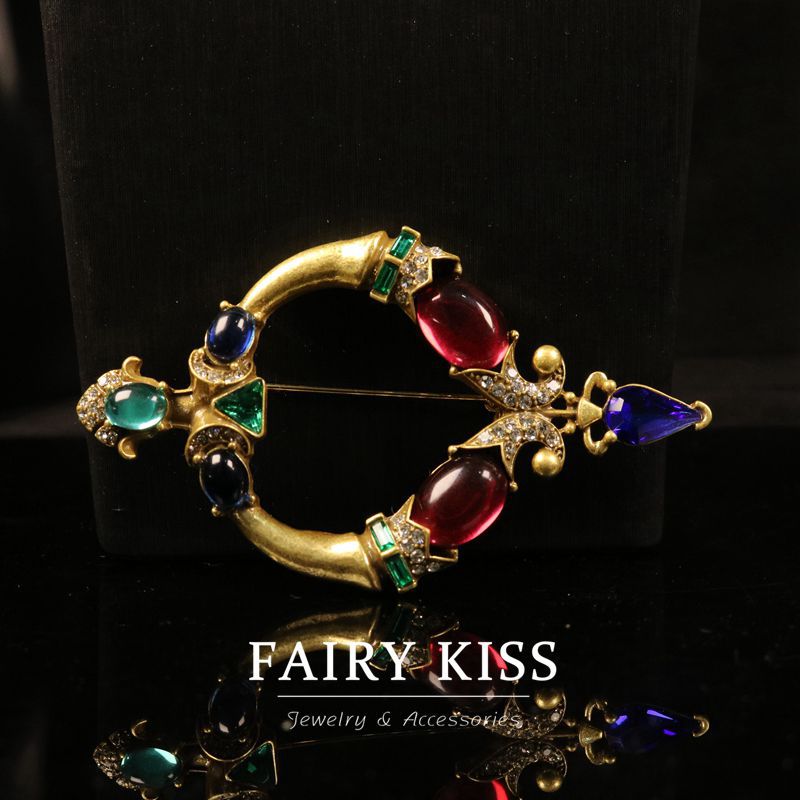 Elegant Retro Truncheon Brooch Colored Glaze Inlaid Refined Grace Jewelry Set