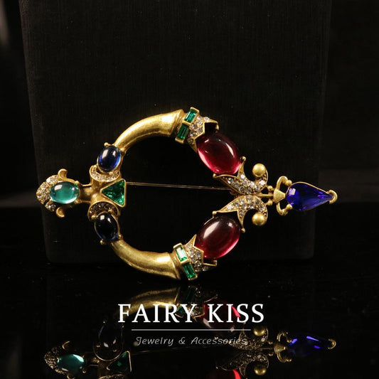 Elegant Retro Truncheon Brooch Colored Glaze Inlaid Refined Grace Jewelry Set