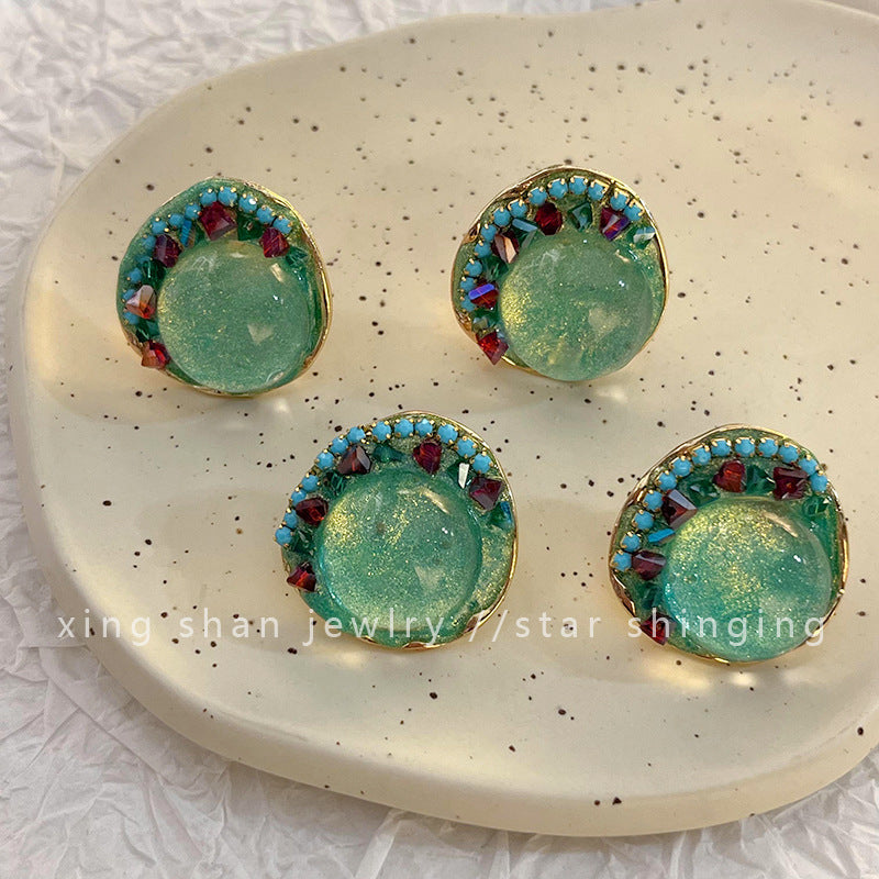 Court Retro Imitation Glaze Color Diamond Stud Earrings