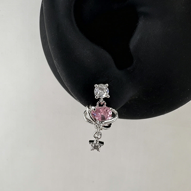 Titanium Alloy Planet Loving Heart Zircon Eardrops Ear Bone Earrings
