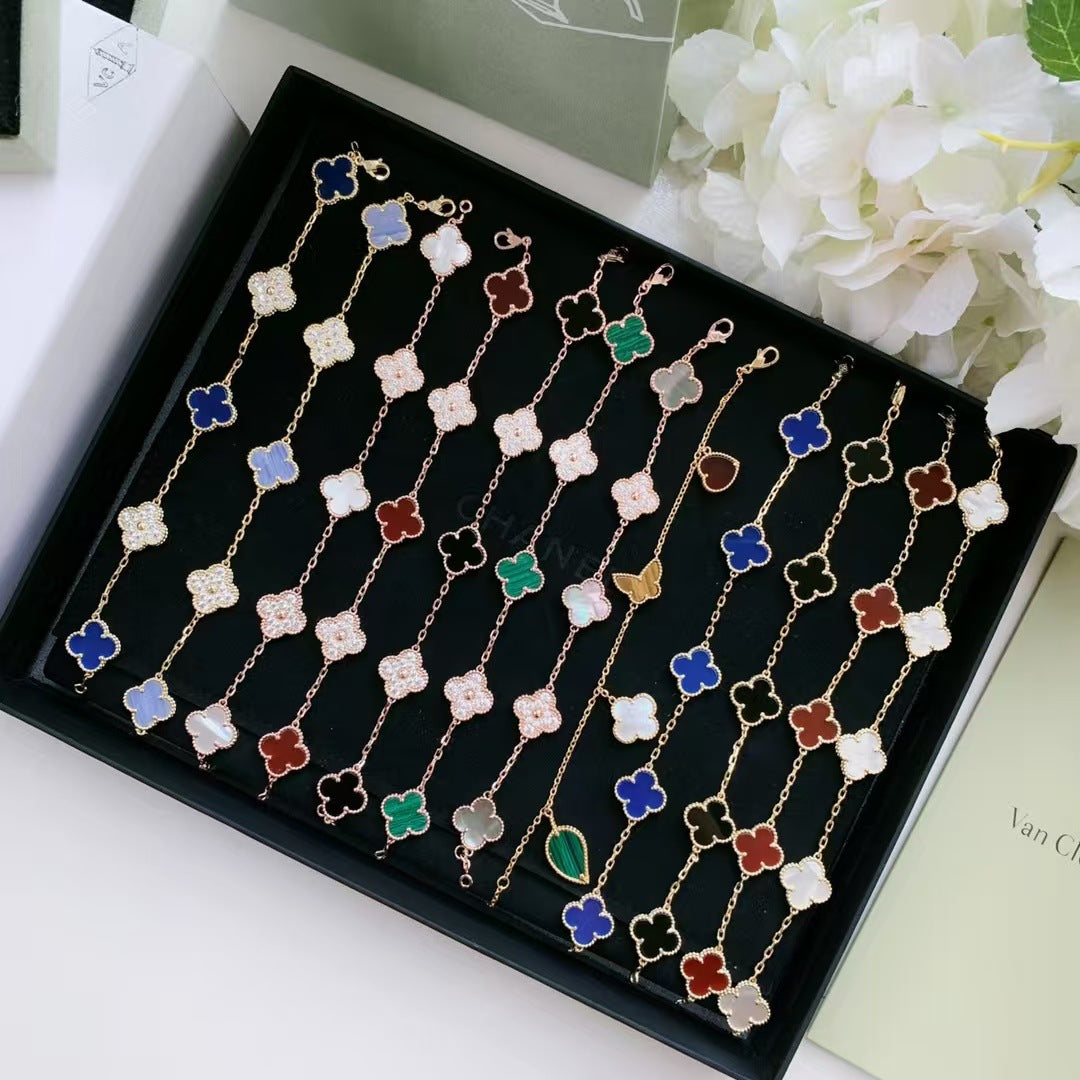 Women's Four-leaf Clover Rose Gold Red Agate Black White Shell Flower Bracelet