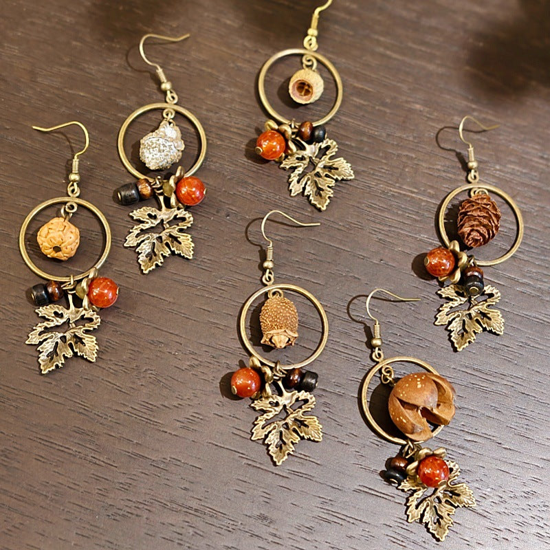 Palace Niche Exotic Plant Dried Fruit Maple Leaf Dangling Earrings