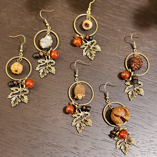Palace Niche Exotic Plant Dried Fruit Maple Leaf Dangling Earrings