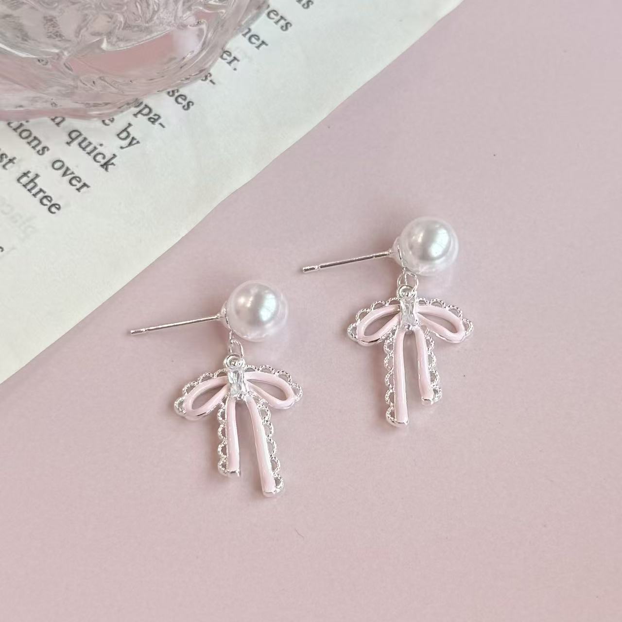 French Sweet Super Flash Zircon Drop Oil Lace Bow Pearl Earrings