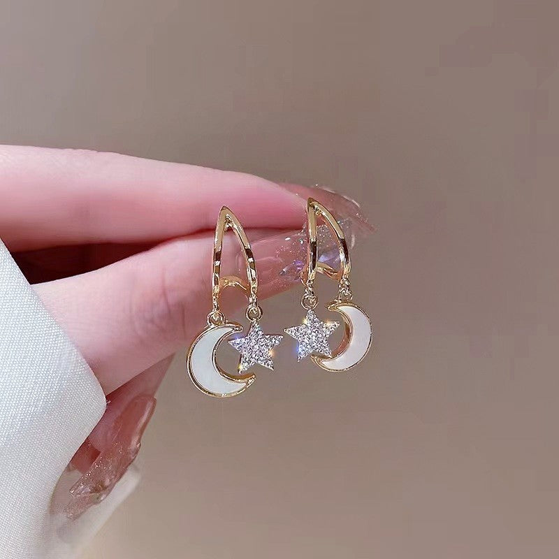 Women's Jeweled Loving Heart Ear Clip Shell Star Moon Asymmetric Long Earrings