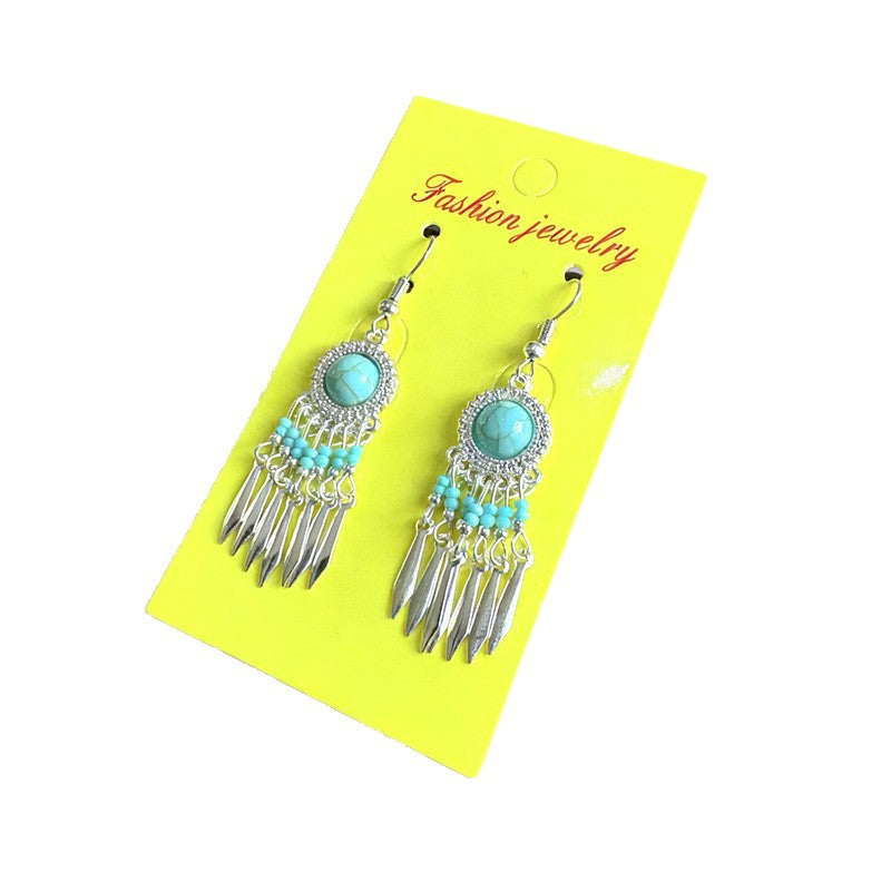 Women's Turquoise Retro Ethnic Style Tassel Miao Sier Earrings