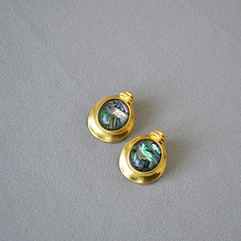 Minority Retro Artistic Brass Gold-plated Irregular Round Colorful Abalone Shell Stud Earrings