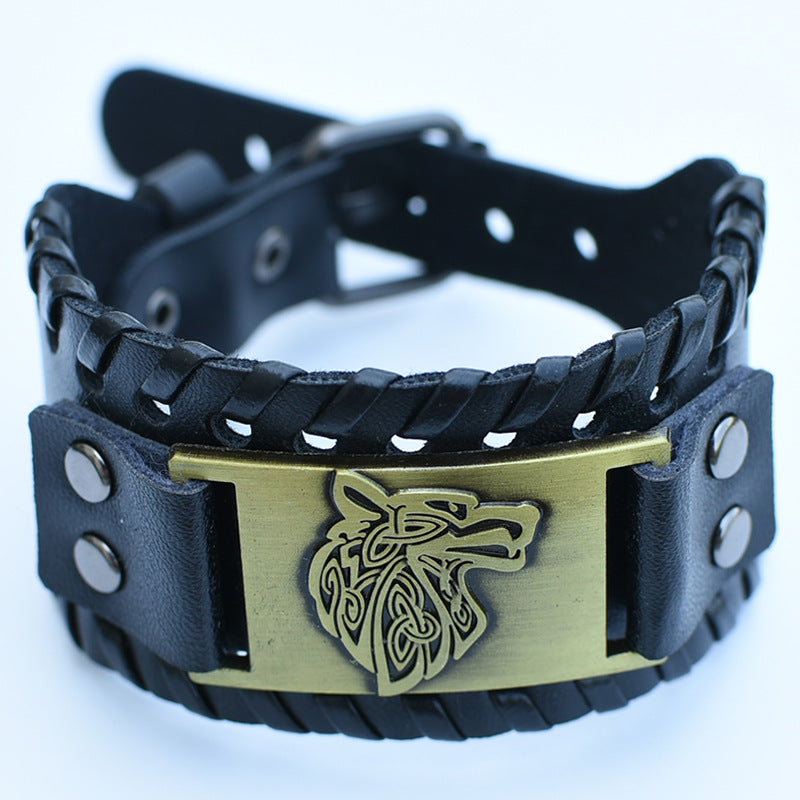 Men's Retro Viking Totem Leather Wolf Head Bear Claw Gossip Lucky Bracelet