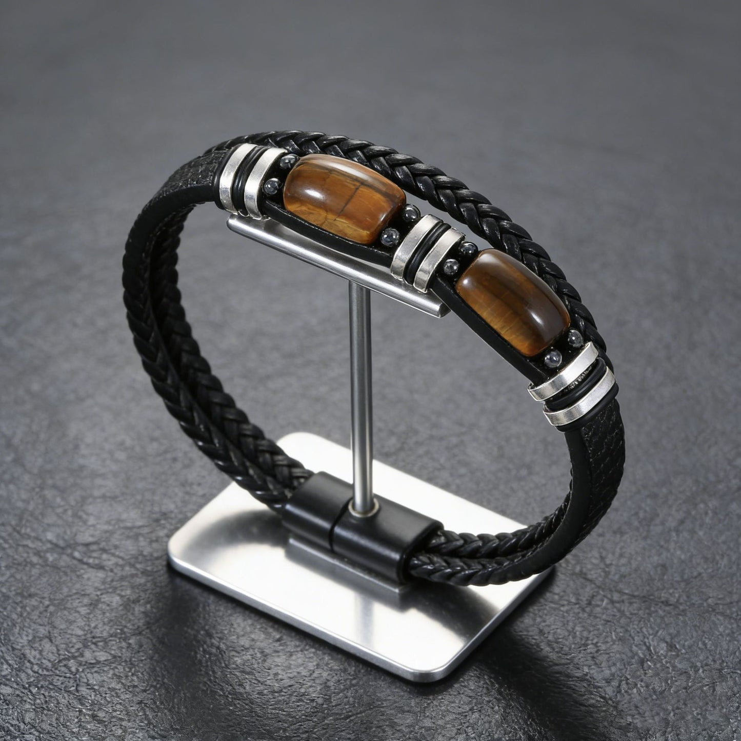 Men's Rope Leather Tigereye Stone Magnetic Buckle Bracelet
