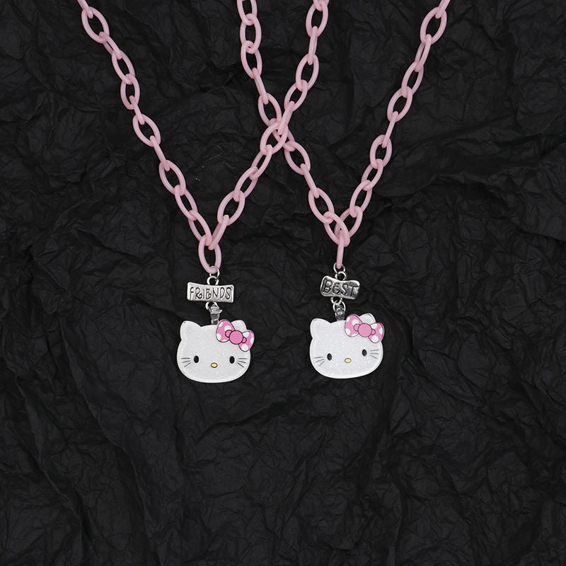 Round Beads Cute Cat Pink Lock Gift Necklace