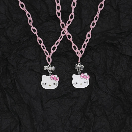 Round Beads Cute Cat Pink Lock Gift Necklace
