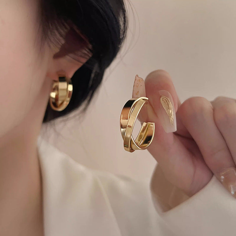 Women's French Style Metal Elegant High-grade Sier Pin Ear Slim Round Earrings